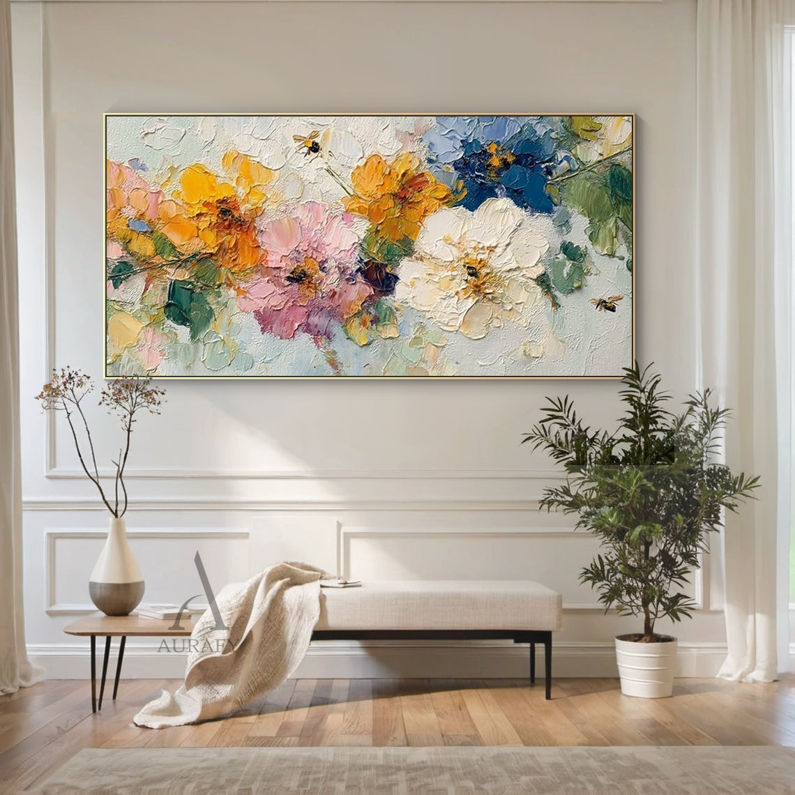3D Impasto Textured Painting Colorful Floral Bouquet with Bees Tactile Surface Artwork AURA447