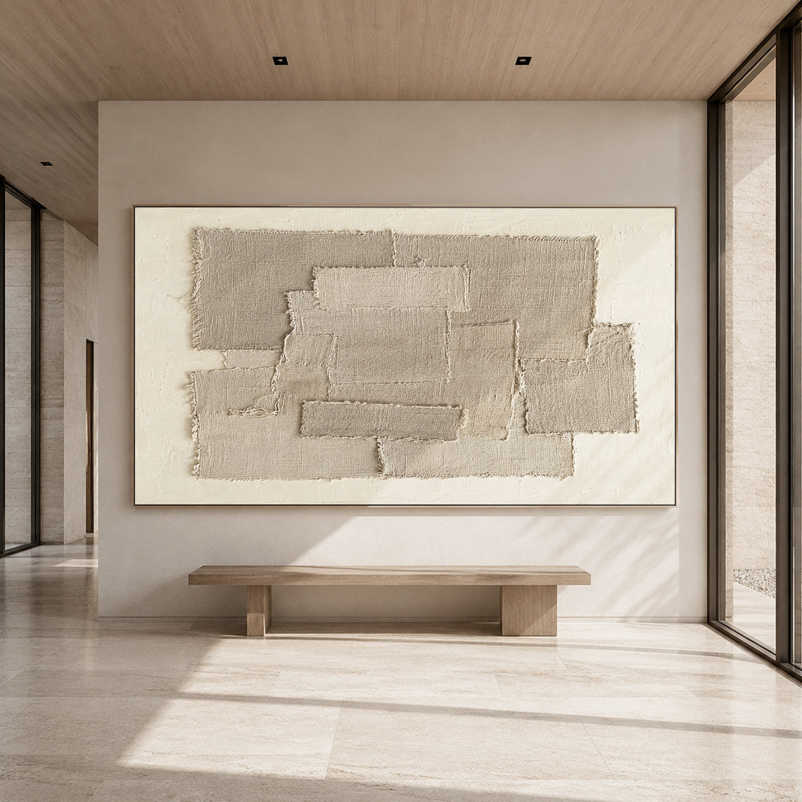 Beige 3D Textured Wall Art Japandi Frayed Linen Collage Tactile Modern Organic Minimalist Decor AURA758