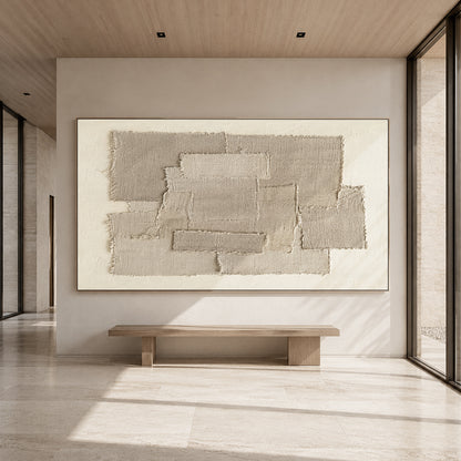 Beige 3D Textured Wall Art Japandi Frayed Linen Collage Tactile Modern Organic Minimalist Decor AURA758