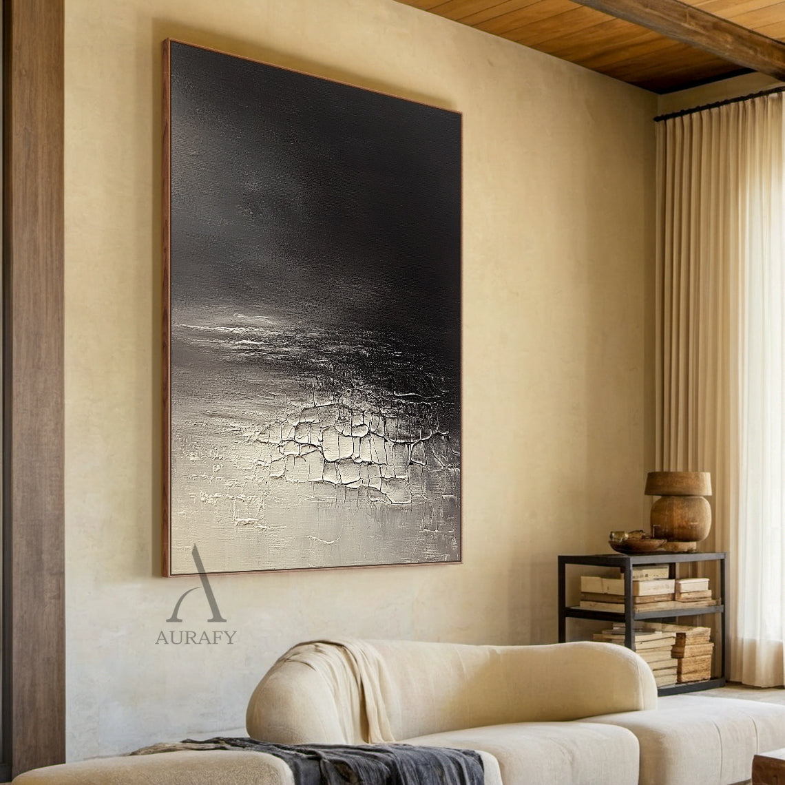 Black to Gray Abstract Painting with Pale Fractured Texture - AURA826