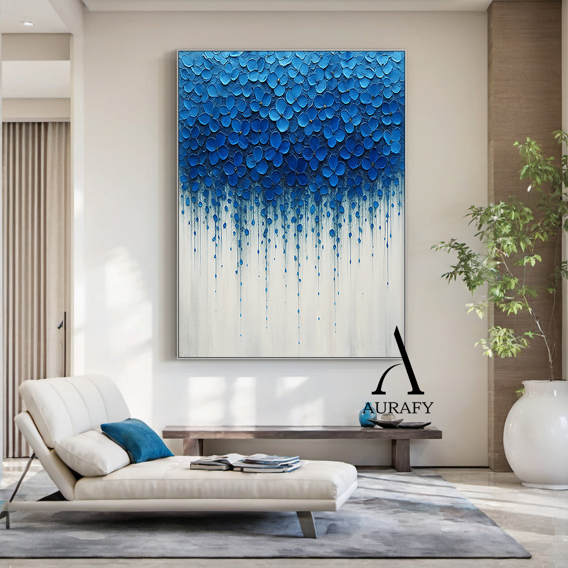 3D Textured Impasto Painting Tactile High-Relief Blue Flower Motifs Drip Effect White Background AURA517