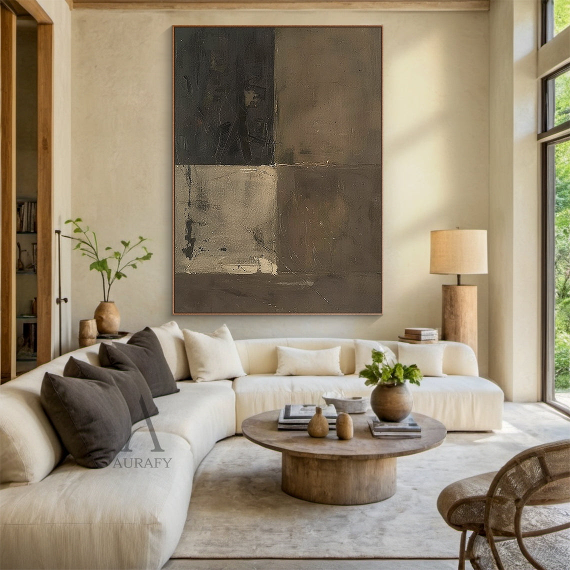 Brown and Charcoal Abstract Block Painting with Weathered Texture - AURA822