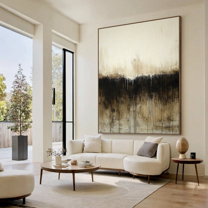 Wabi Sabi Abstract Art Beige Black Hand-Painted Drips Tactile Surface Organic Lines Unrefined Texture AURA583