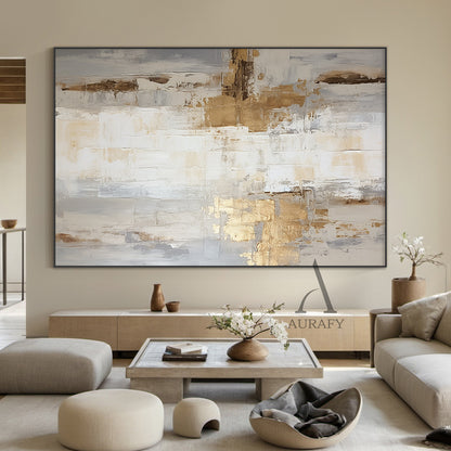 General Abstract Art White Beige Metallic Gold Impasto Texture Tactile Surface Modern Organic Canvas AURA485
