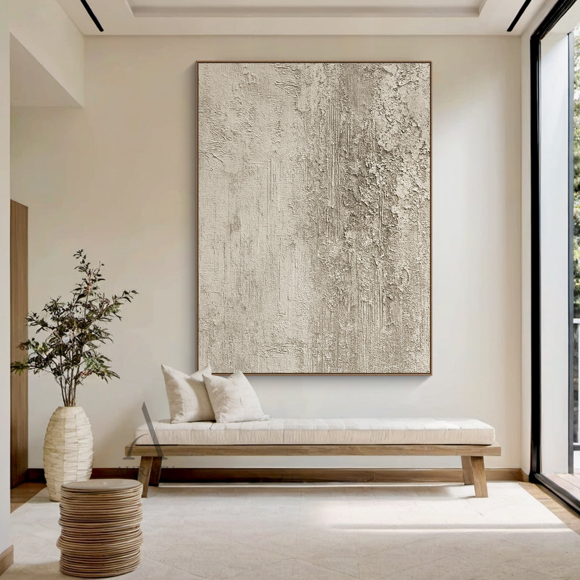 Beige Abstract Plaster Textured Art with Tactile Peeling Surface Vertical Lines Wabi-Sabi Style AURA452