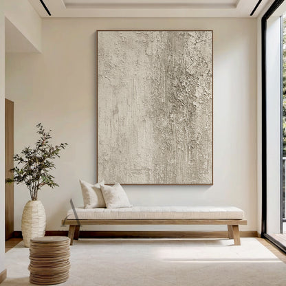 Beige Abstract Plaster Textured Art with Tactile Peeling Surface Vertical Lines Wabi-Sabi Style AURA452