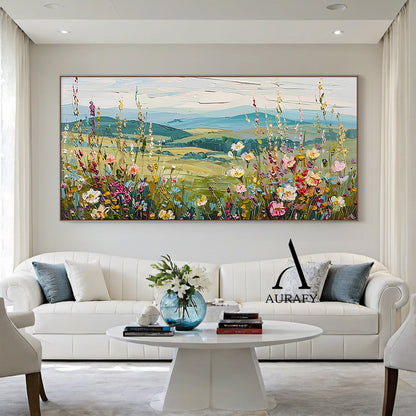3D Textured Flower Painting with Knife Strokes High-Relief Tactile Green Pastoral Landscape Art AURA574