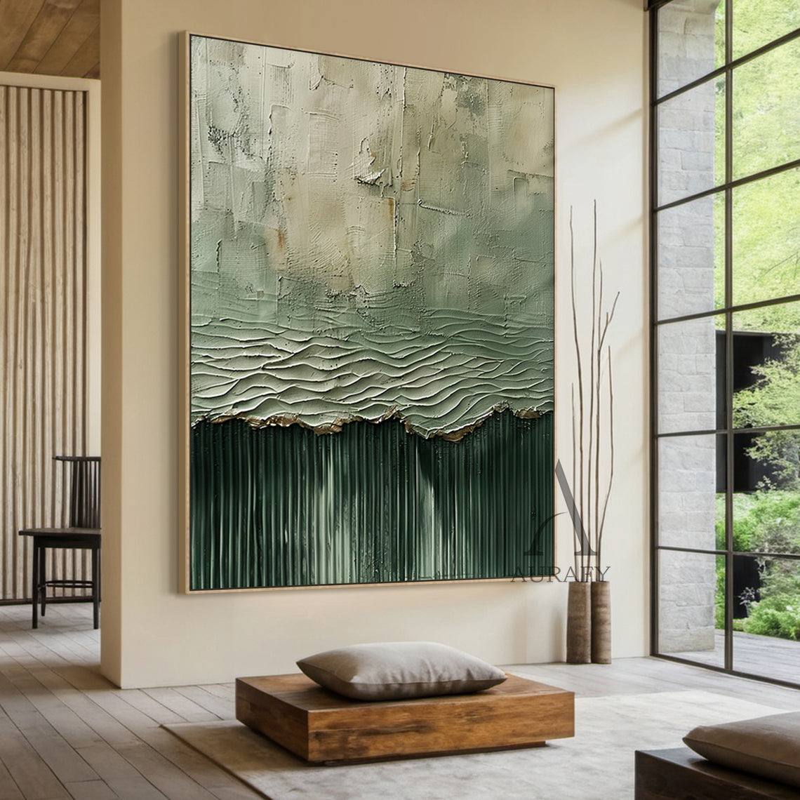General Abstract Green Textured Art Vertical Flow Wave Thick Coat Copper Accents Worn Surface AURA508