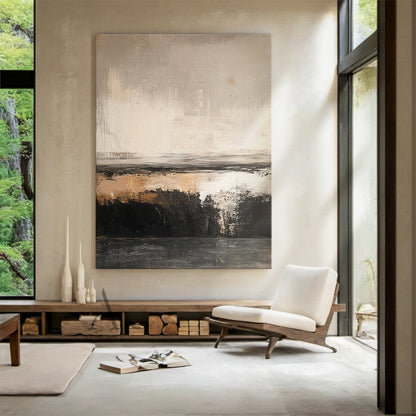 Beige and Black Abstract Painting with a Broken Ochre Accent - AURA852