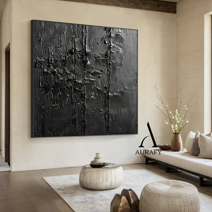 3D Textured Black Abstract Minimalist Painting Cracked Impasto Raised Ridges Tactile Artwork AURA529