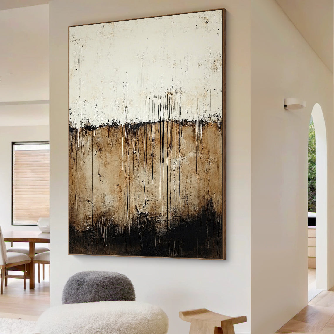 Wabi Sabi Beige Brown Plaster Textured Artwork with Drip Lines Tactile Organic Surface AURA589