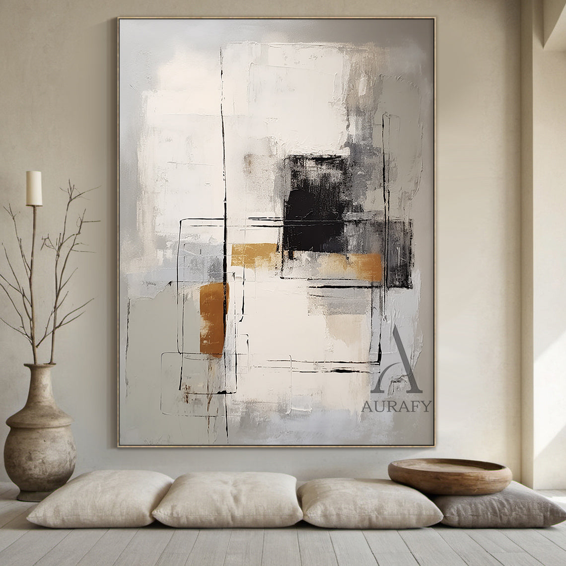 General Abstract Art Gray White Black Hand-painted Oil Brush Stroke Minimalist Luxe Wall Decor AURA486