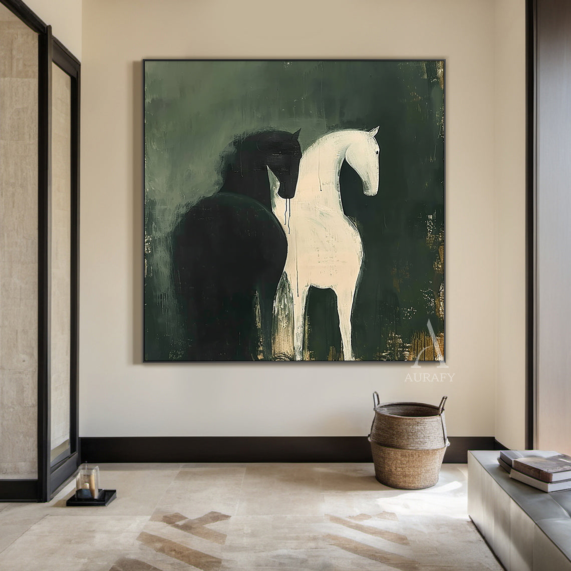 Large Scale Abstract Green Horse Oil Painting Textured Animal Wall Art-AURA340