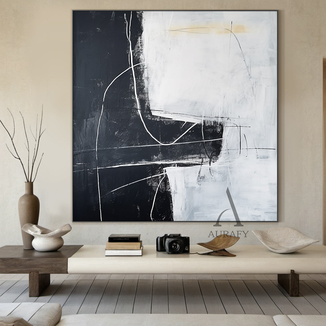 Black White Abstract Art with Rough Brushstrokes Geometric Blocks Organic Lines Tactile Surface AURA492