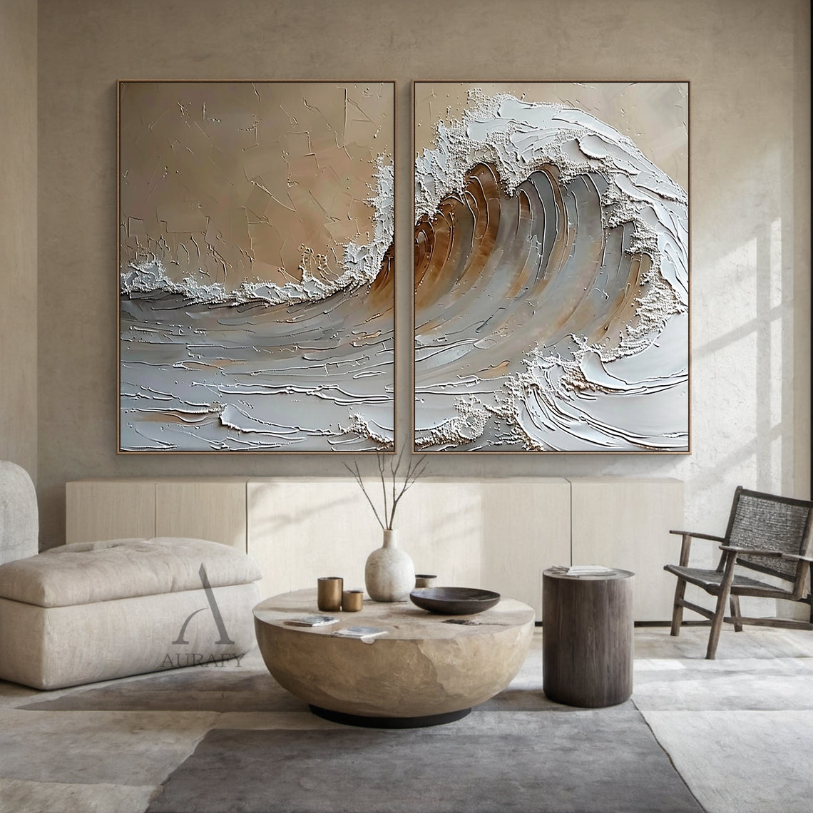 Brown Textured Ocean Wave Wall Art Set of 2 - AURA670