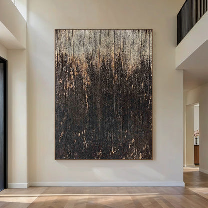 Wabi Sabi Distressed Wood Grain Black Brown Weathered Vertical Texture Artwork with Chipped Patina AURA592