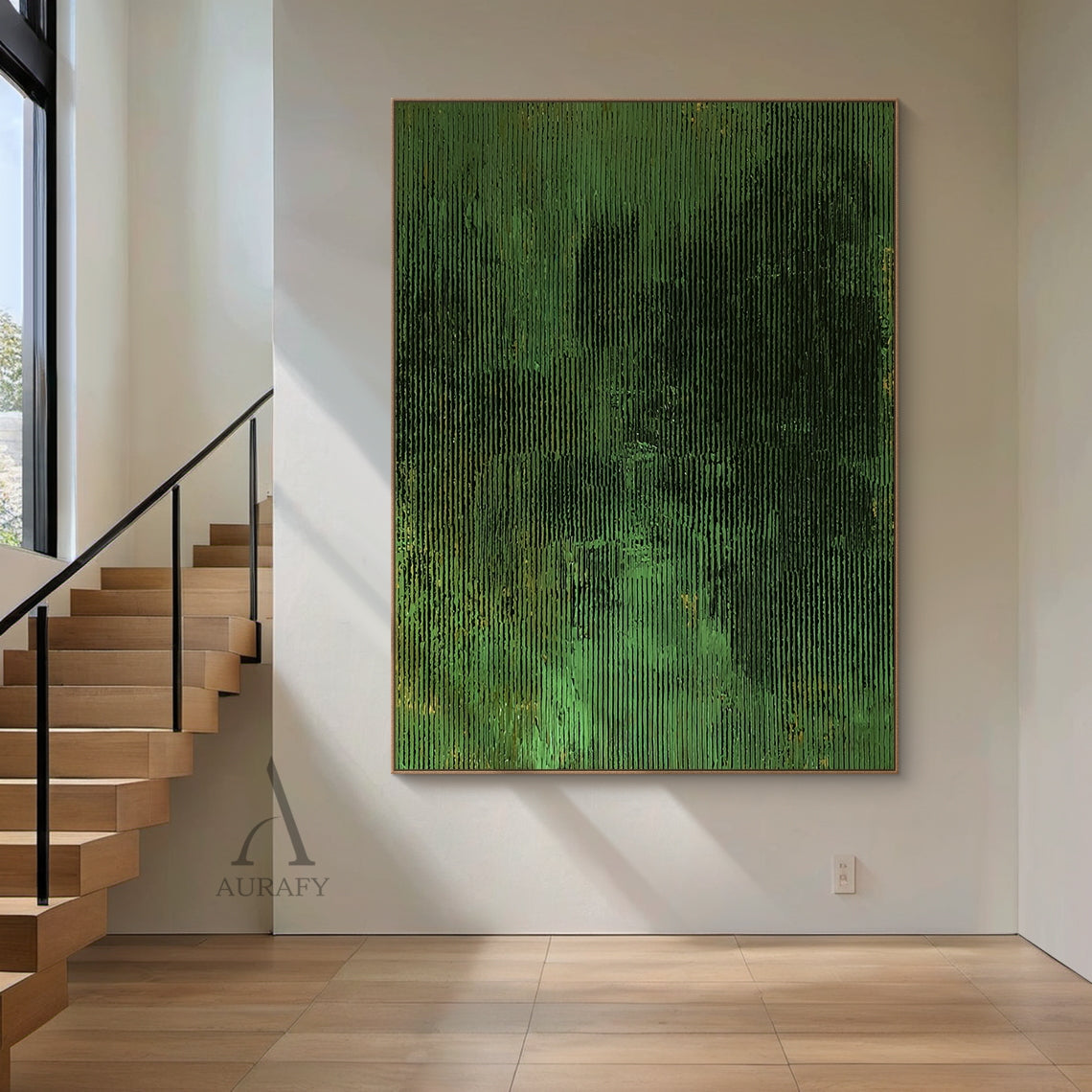 3D Textured Green Abstract Painting Sculpted Tactile High-Relief Surface Dark Gold Accents AURA466