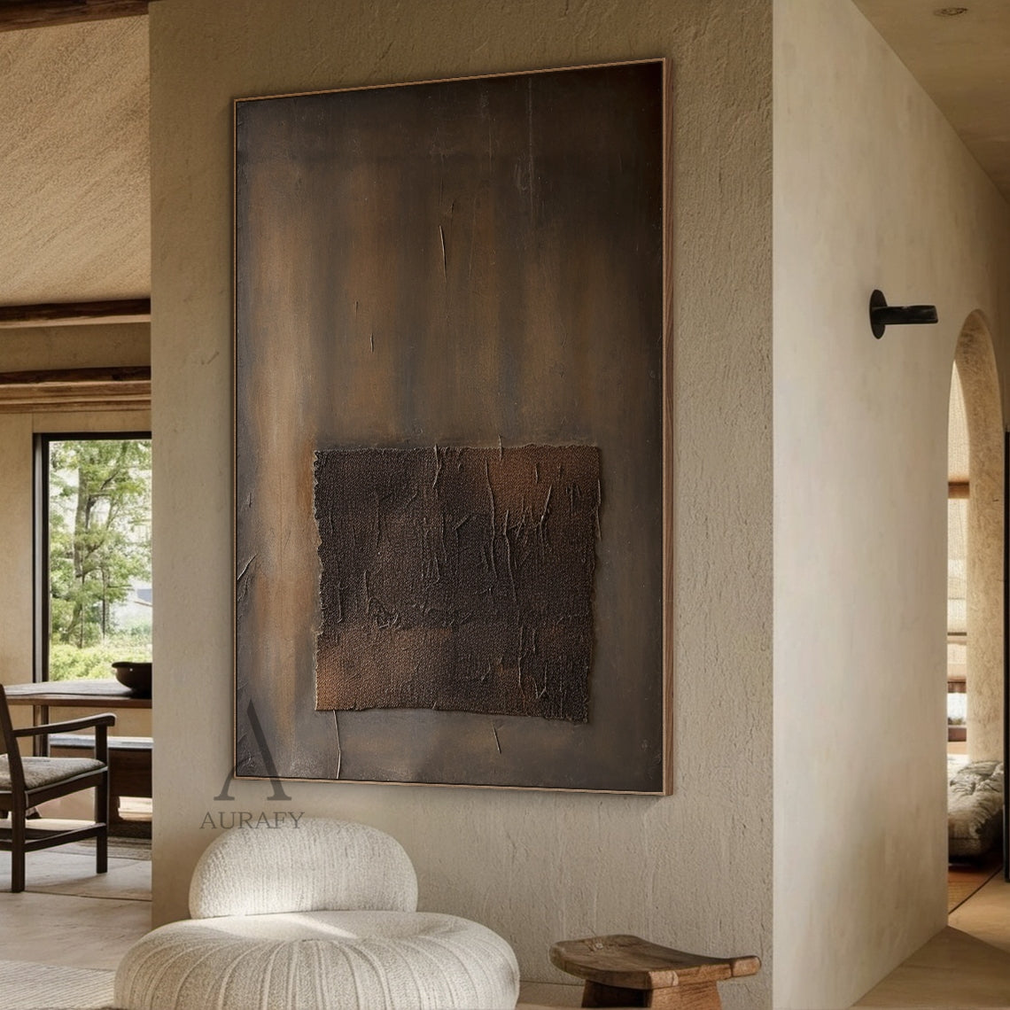 Brown Minimalist Abstract Wall Art with a Textured Inset Block - AURA832