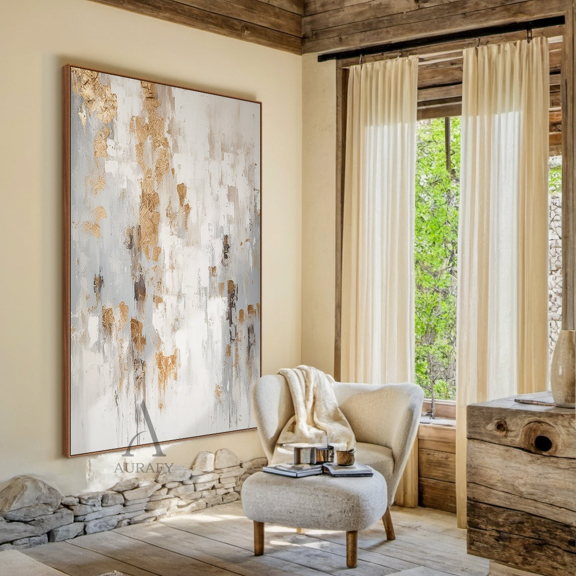 General Abstract Beige Yellow Plaster Textured Art Tactile Surface Flowing Brushstrokes Modern Organic AURA462
