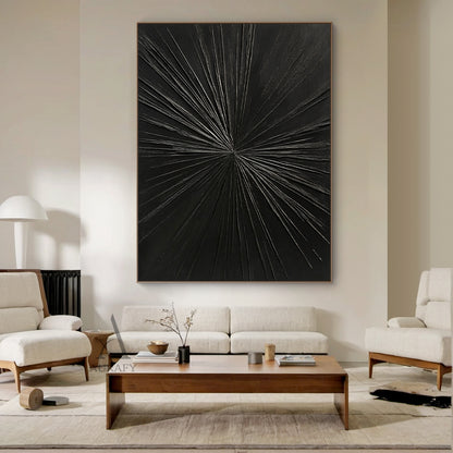 Minimalist Black Wall Art Tactile High-Relief Scratch-Textured Silver Metallic Lines Sculpted Abstract AURA456