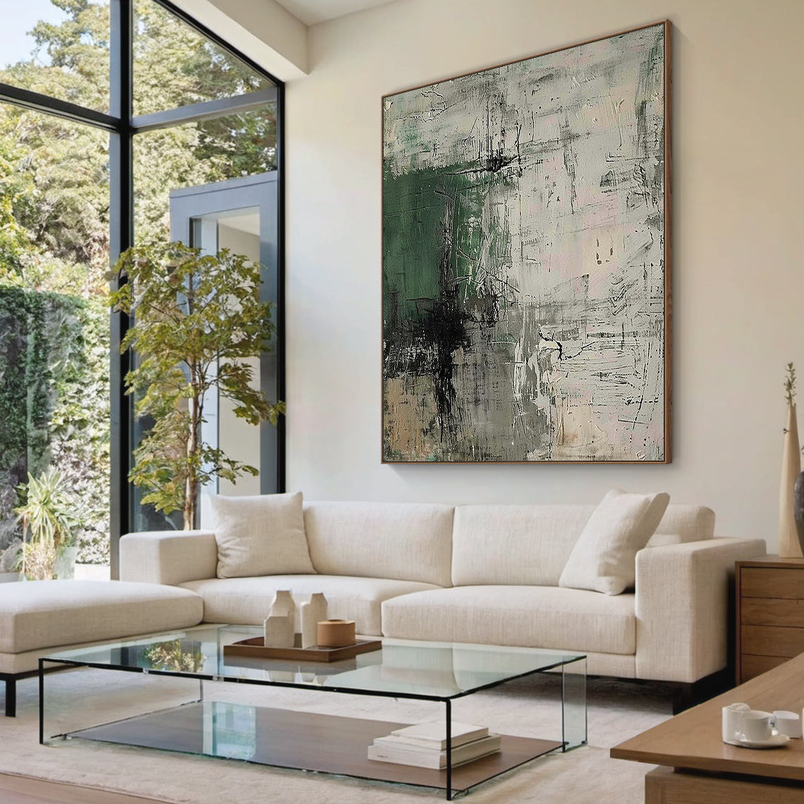 Abstract Minimalist Wall Art – Forest Green & Neutral Grays – AURA021(Square)