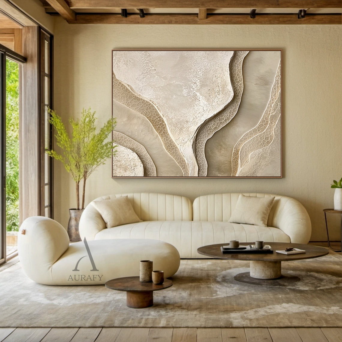 Beige Abstract Landscape Art Tactile High-Relief Plaster Sculpted Canvas Modern Organic Piece AURA439