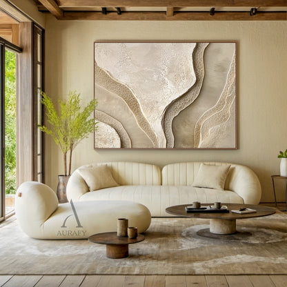 Beige Abstract Landscape Art Tactile High-Relief Plaster Sculpted Canvas Modern Organic Piece AURA439