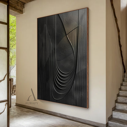 Minimalist Black Wall Art Sculpted High-Relief Tactile Surface Layered Curves Vertical Stripes AURA429