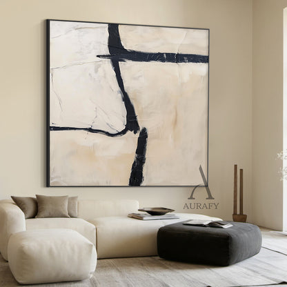 General Abstract Black Beige Tactile Canvas Art with Impasto Brush Strokes Minimalist Luxe AURA506