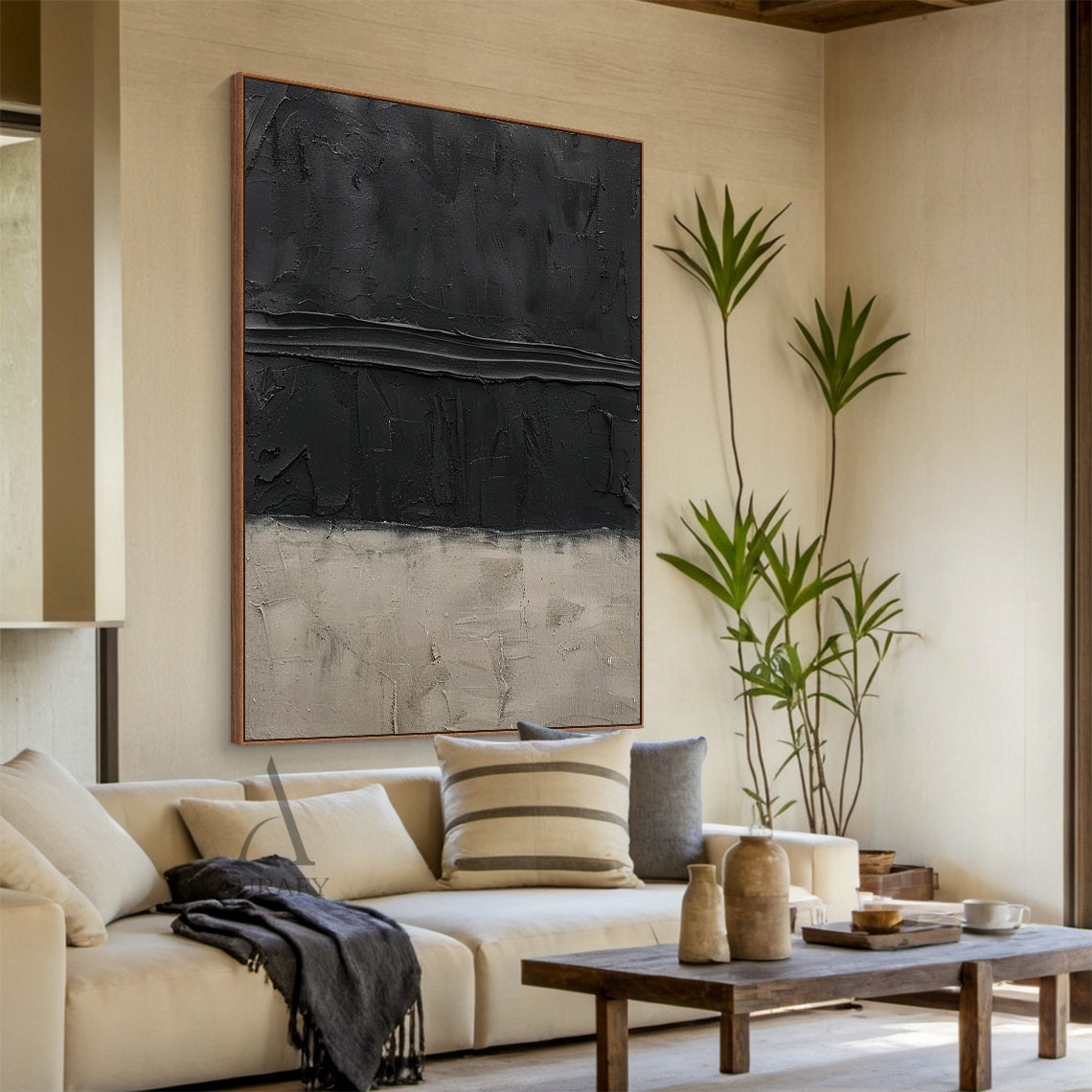 Plaster Textured Japandi Abstract Black Beige Knife Stroke Tactile Sculpted Canvas Artwork AURA797