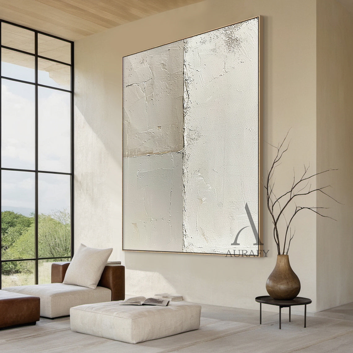 General Abstract Beige White Cracked Plaster Textured Wabi-Sabi Tactile Modern Organic Artwork AURA473