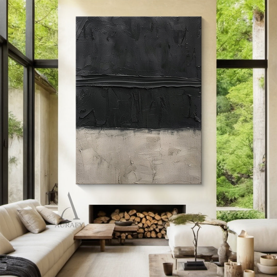 Wabi Sabi Plaster Textured Japandi Abstract Black Beige Knife Stroke Tactile Sculpted Canvas Artwork AURA797
