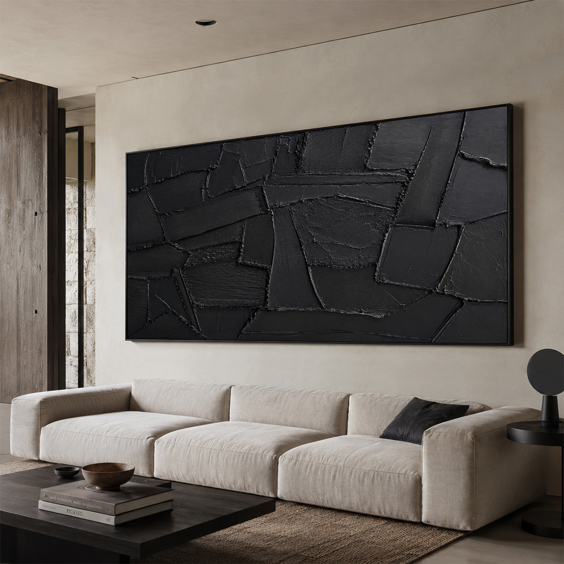 Black 3D Textured Abstract Painting High-Relief Plaster Knife Stroke Minimalist Japandi Wabi Sabi Wall Decor AURA770