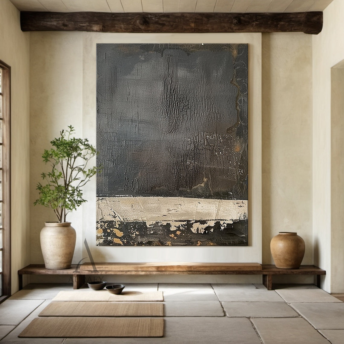 Black & Ivory Cracked Textured Abstract Wall Art - AURA819