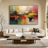 3D Textured Abstract Painting with High-Relief Plaster Tactile Surface Pink Green Yellow Knife Strokes AURA571