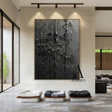 3D Textured Black Abstract Minimalist Painting Cracked Impasto Raised Ridges Tactile Artwork AURA529