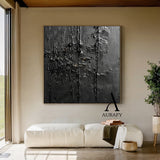 3D Textured Black Abstract Minimalist Painting Cracked Impasto Raised Ridges Tactile Artwork AURA529