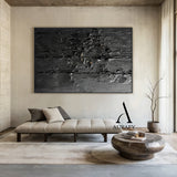 3D Textured Black Abstract Minimalist Painting Cracked Impasto Raised Ridges Tactile Artwork AURA529