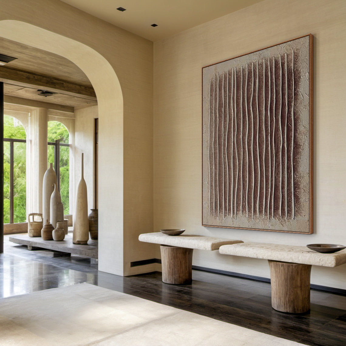 3D Textured Brown Abstract Painting - Modern Minimalist Wall Decor with Vertical Raised Tactile Lines in Brown, Off-White & Neutral Gray. Acrylic on Canvas Art with Organic Charm, Ideal for Living Room, Bedroom, Office, or Entryway. Adds Warmth & Sophisticated Depth to Neutral Decor Schemes, Highlighting Tactile 3D Details Under Soft Ambient Lighting. Ready-to-Hang Focal Point for Cozy Curated Spaces. Perfect for Balancing Modern Minimalism & Natural质朴感 in Home Interiors. Tactile 3D Elements Enhance Visual 