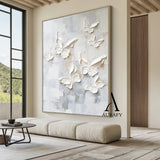 3D Textured Butterfly Art High-Relief Impasto White Beige Modern Minimalist Luxe Painting with Gold Accents AURA531