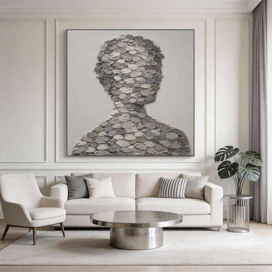 3D textured gray impasto canvas wall art AURA703, right-facing abstract human bust silhouette composed of stacked oval thick paint blobs in light, medium and dark gray tones, displayed hung on a warm light beige accent wall in a serene muted Nordic bedroom nook scene with soft warm bedside ambient light, minimalist wabi-sabi abstract portrait wall decor with raised tactile finish perfect for infusing gentle artistic texture into calming neutral rest spaces