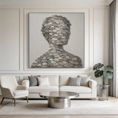 3D textured gray impasto canvas wall art AURA703, right-facing abstract human bust silhouette composed of stacked oval thick paint blobs in light, medium and dark gray tones, displayed hung on a warm light beige accent wall in a serene muted Nordic bedroom nook scene with soft warm bedside ambient light, minimalist wabi-sabi abstract portrait wall decor with raised tactile finish perfect for infusing gentle artistic texture into calming neutral rest spaces
