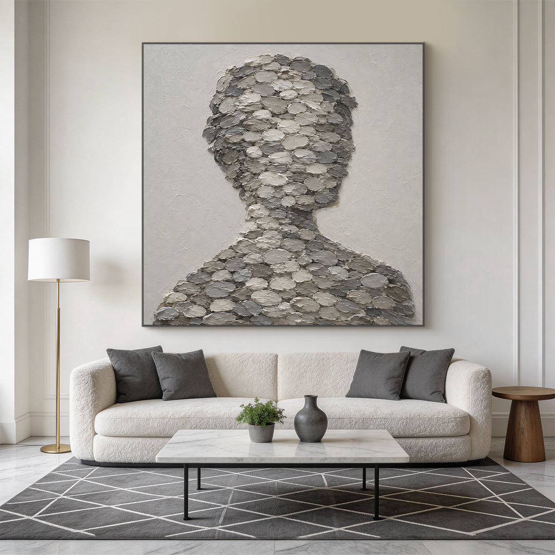 3D textured gray impasto canvas wall art AURA703, right-facing abstract human bust silhouette composed of stacked oval thick paint blobs in light, medium and dark gray tones, set against a subtly textured matte off-white background, minimalist wabi-sabi japandi abstract portrait wall decor with raised tactile finish for neutral interior spaces