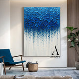 3D Textured Impasto Painting Tactile High-Relief Blue Flower Motifs Drip Effect White Background AURA517