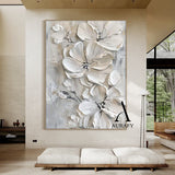 3D Textured Painting Gray White Abstract Floral Sculpted Canvas Tactile High-Relief Impasto Modern Organic Artwork AURA515