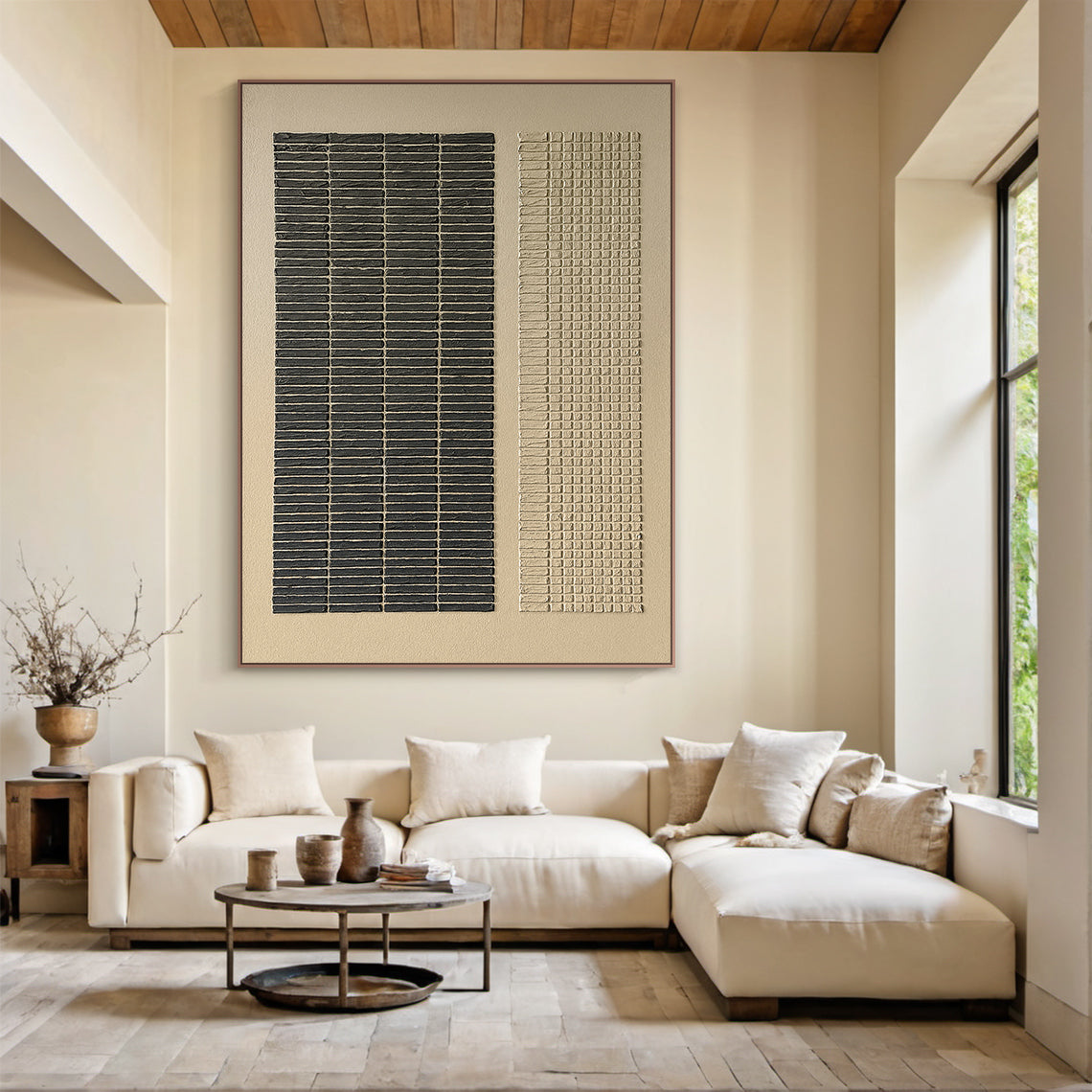 3D Textured Abstract Wall Art: Black Horizontal Striped Texture & Beige Grid Pattern on Beige Canvas with Thin Brown Frame. Ideal for Modern Living Room, Bedroom, or Office Decor—Complements Contemporary, Bohemian, or Scandinavian Spaces. Tactile Acrylic Medium, Ready to Hang.