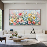 3D Textured Flower Painting Thick Impasto Blue Pink Sculpted Petals Knife Strokes Artwork AURA573