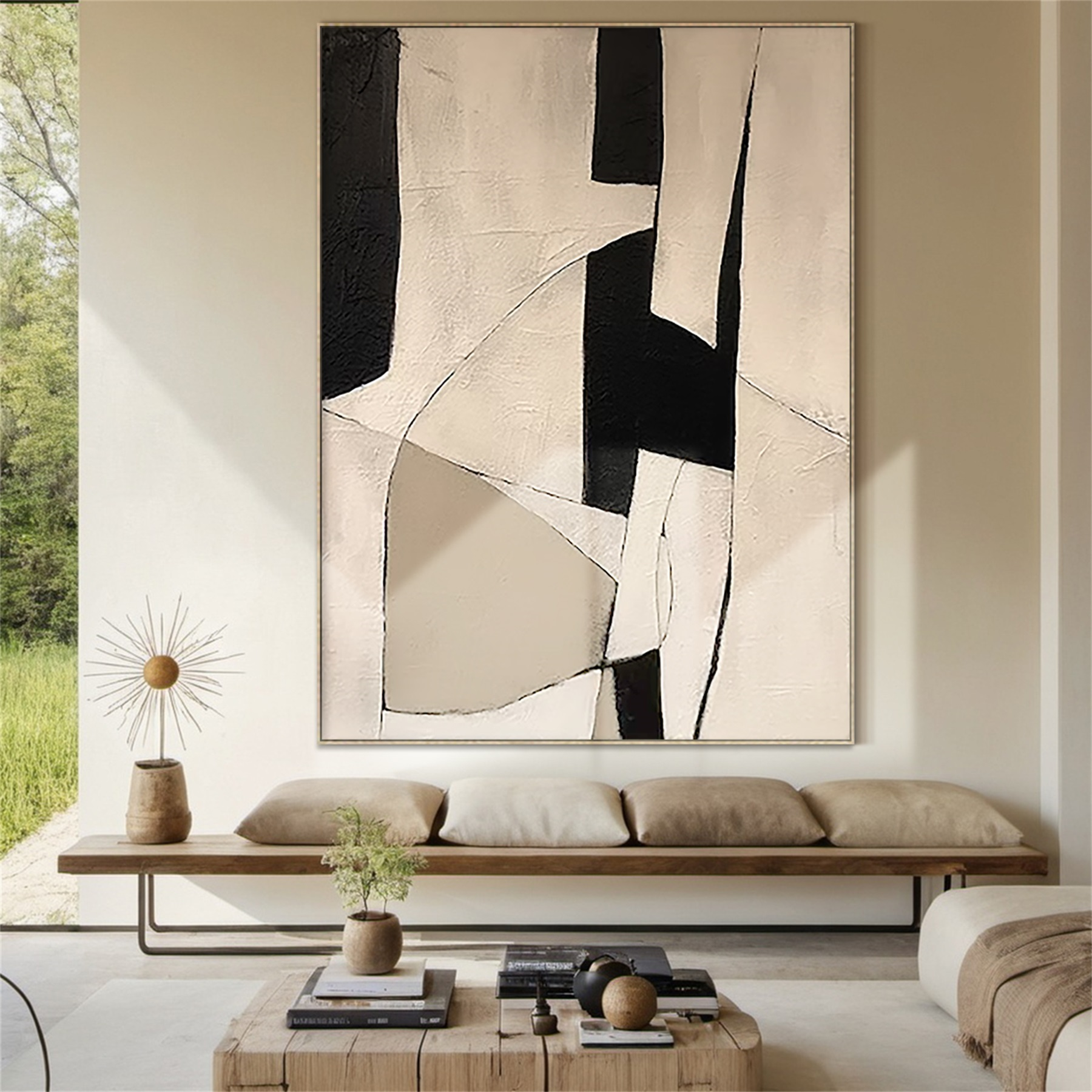 Quiet Geometry Minimalist Geometric Abstract Oil Painting  Cream, Taupe & Black Interplay -AYRA019