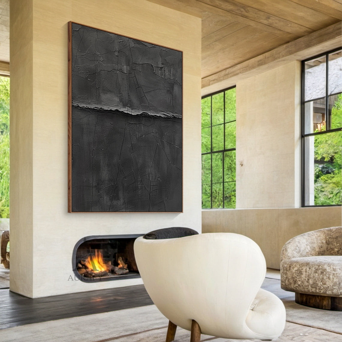 Minimalist Black Wall Art Cracked Tactile Surface High-Relief Wabi-Sabi Inspired Decorative Artwork AURA427