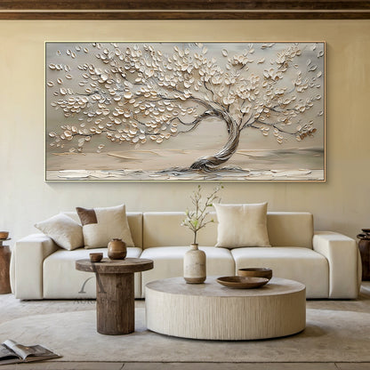 3D Textured Beige Tree Painting High-Relief Sculpted Tactile Surface Modern Organic Luxe AURA467